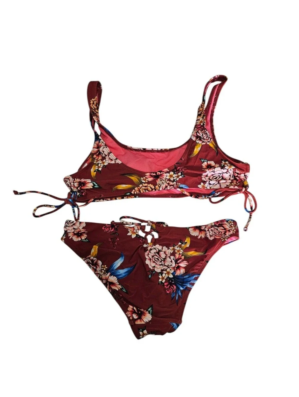 No Boundaries Womens Sz M/XL Bikini Swimsuit Set Burgundy Red Floral